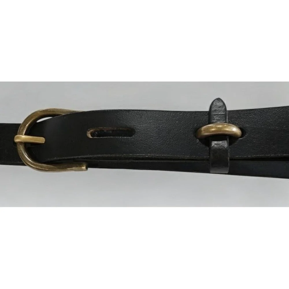 Black Leather Belt 44-46 Inch Antique Brass Buckle Western Statement Unisex